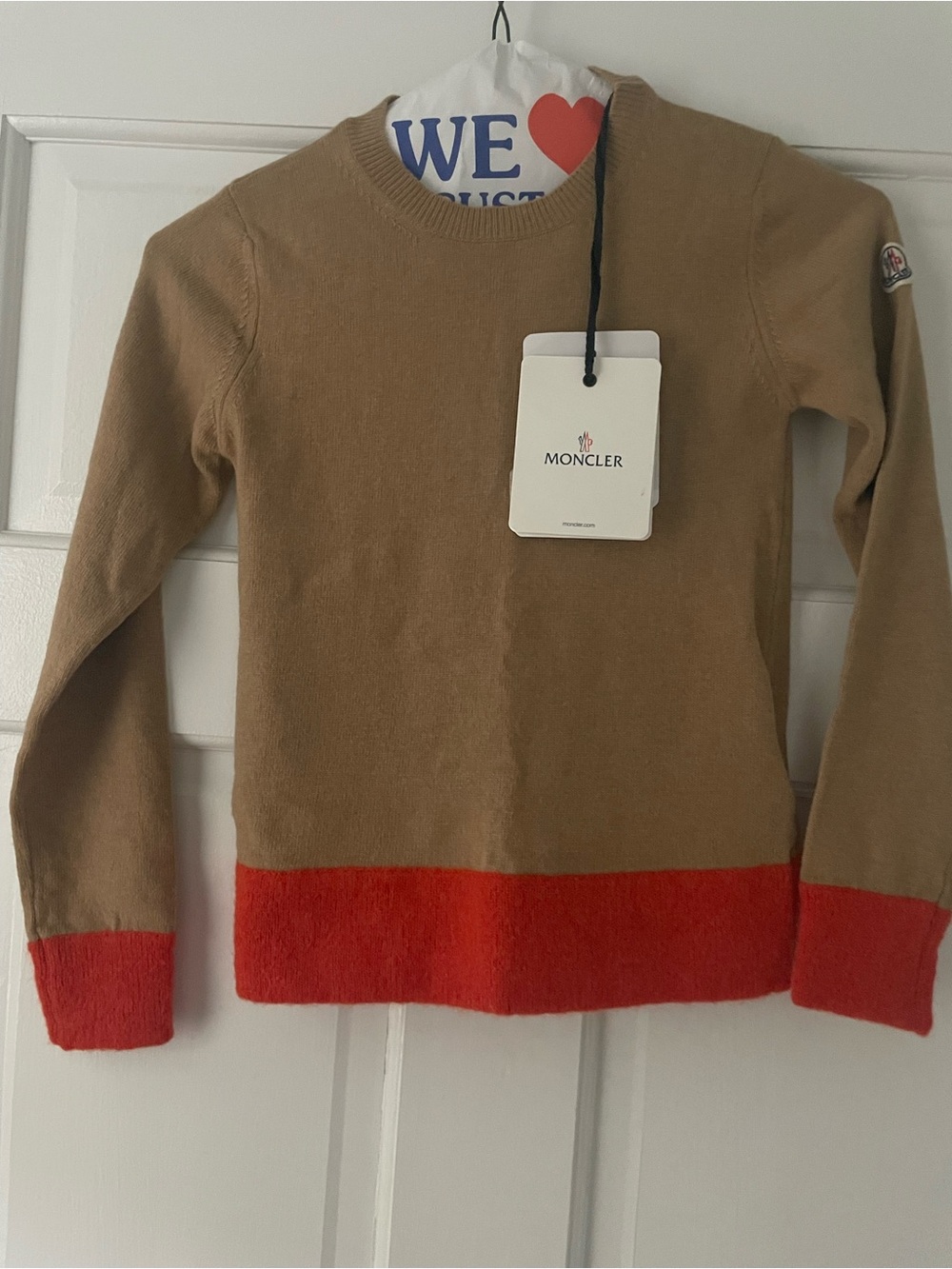 Moncler Kids Two-Tone Camel Brown and Red Crewneck Sweater